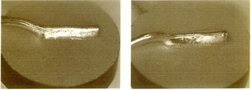 개발품과 기존품의 땜퍼짐성 측정 시료. (좌) 기존품 땜 퍼짐성 시료, (우) 개발품 땜 퍼짐성 시료
