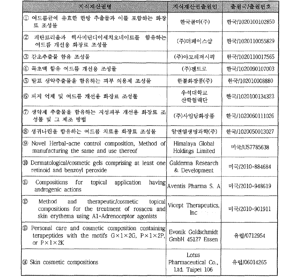 여드름 관련 국내외 관련지식재산권 현황