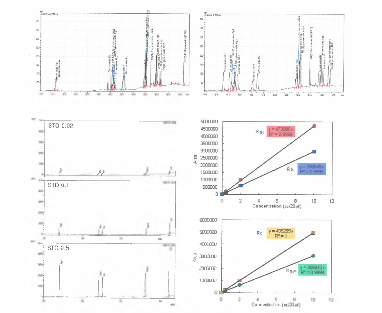 진세노사이드 표준품 크로마토그램과 표준곡선