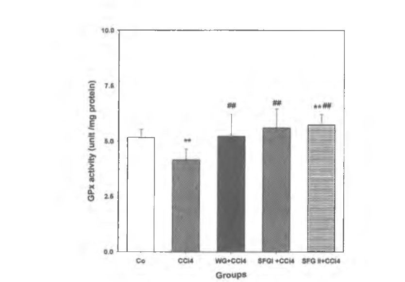 Changes in GPX activity in mouse liver after treatment with white ginseng, red ginseng and Hydroponic Cultivated Ginseng.