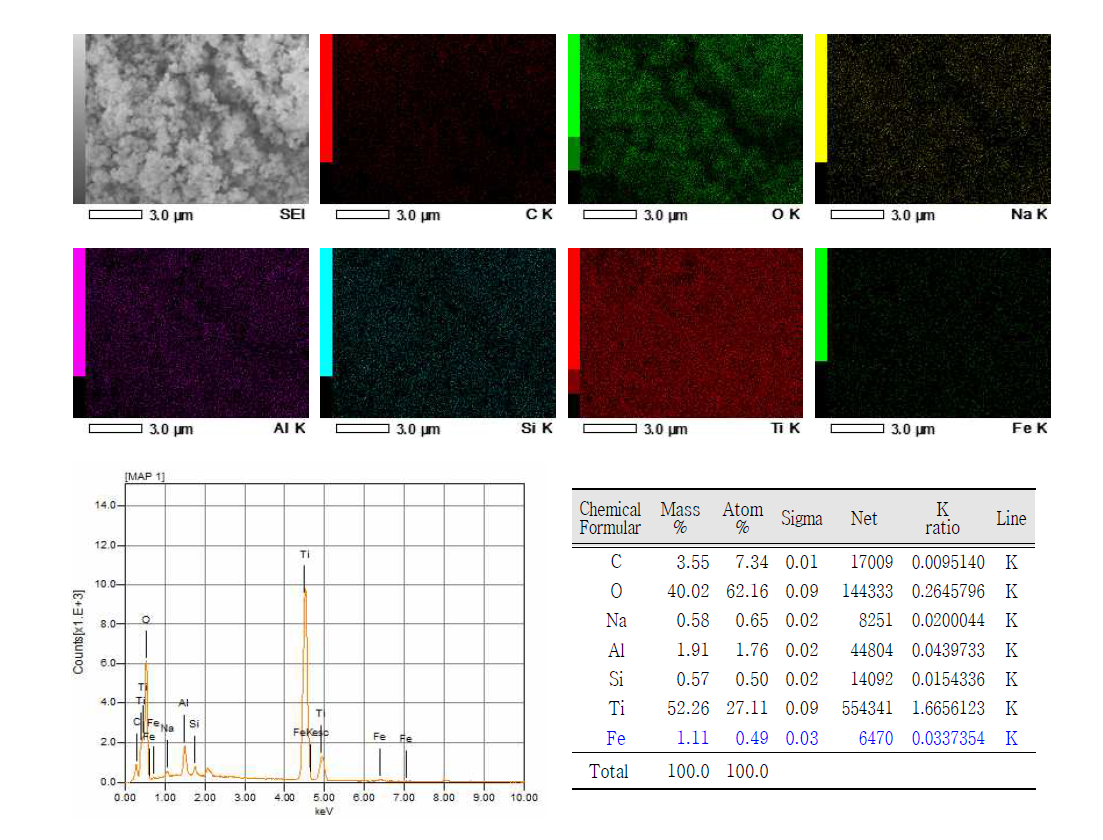 Fe 도핑 처리 TiO2에 대한 EDS Mapping 결과