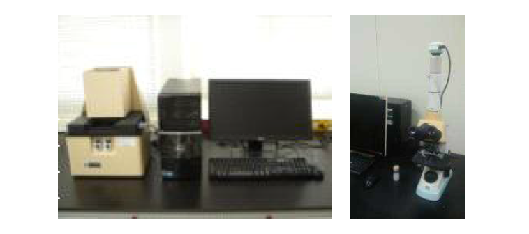SPF 측정용 기기 SPF Analyzer(좌측)와 광학 현미경(우측)