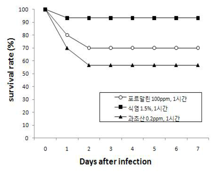 경감염된 어류의 3종의 약제에 대한 치료효과 시험