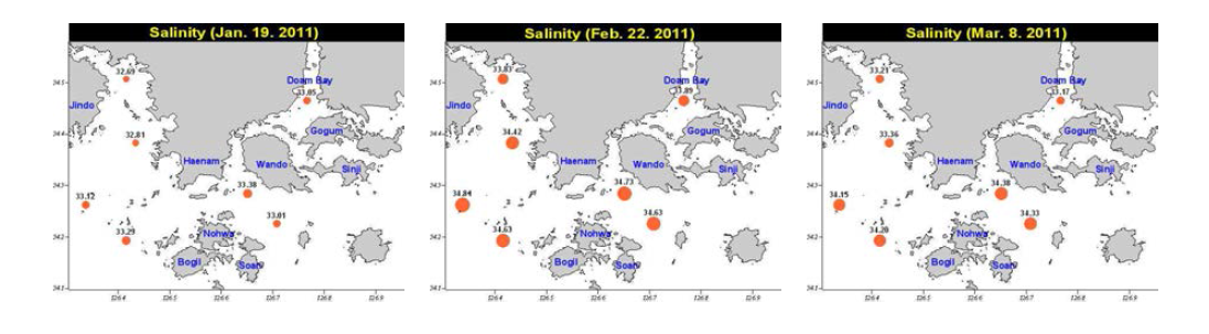 조사시기별, 정점별 염분 분포