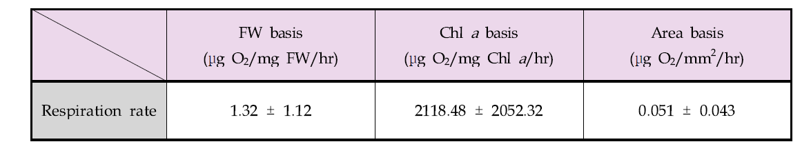 남해산 양식 김(Pophyra sp.)의 생체량, 엽록소 a, 엽체면적별 호흡률