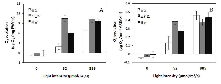 강진, 소안도 및 해남의 양식 김의 광의존성 산소 발생률. (A) 생체량당 산소 발생률. (B) 면적당 산소 발생률