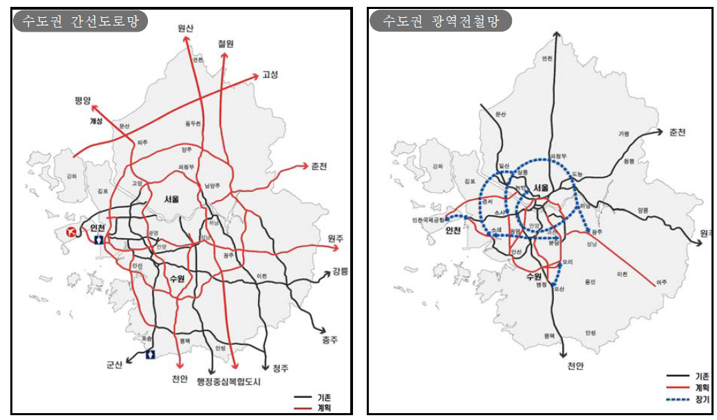 수도권 간선도로망 구상(왼쪽) 수도권 광역전철망 구상(오른쪽)