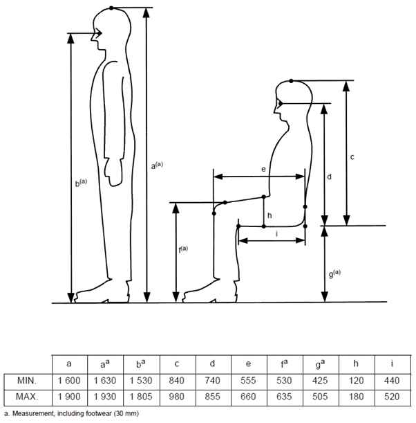 E 선 자세와 앉은 자세에서 기관사의 주요 인체 치수 측정