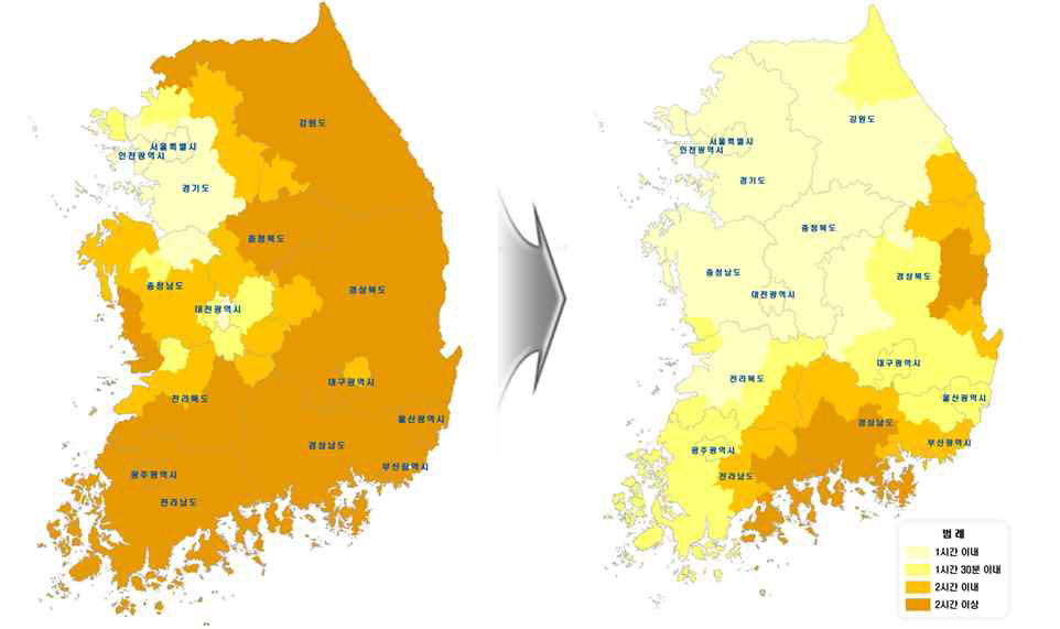 제2차 국가철도망 구축 계획(2011->2020) 철도통행시간 분포변화 (서울기점)