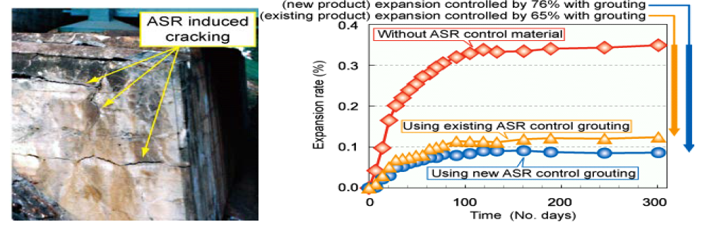 Example of ASR induced crack & Effectiveness of new ASR control grouting