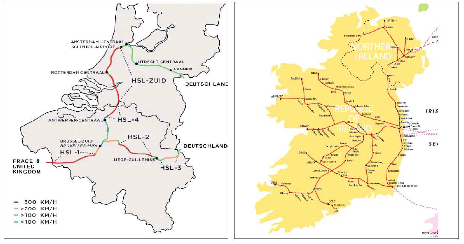 벨기에 철도 고속화 현황(좌) 과 아일랜드 노선 현황(우)