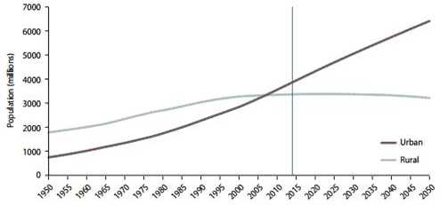 도시와 시골의 인구변화 전망 (1950~2050년)
