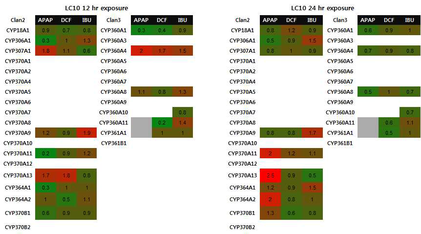 NSAIDs 노출 후 물벼룩에서의 CYP 유전자군 발현 분석(녹색: 발현 저하, 적 색: 발현 증가)