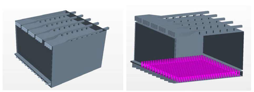 좌: 바닥 구조 냉방방식 모델링 / 우: 바닥 구조 냉방방식의 하부 냉방공간 계획
