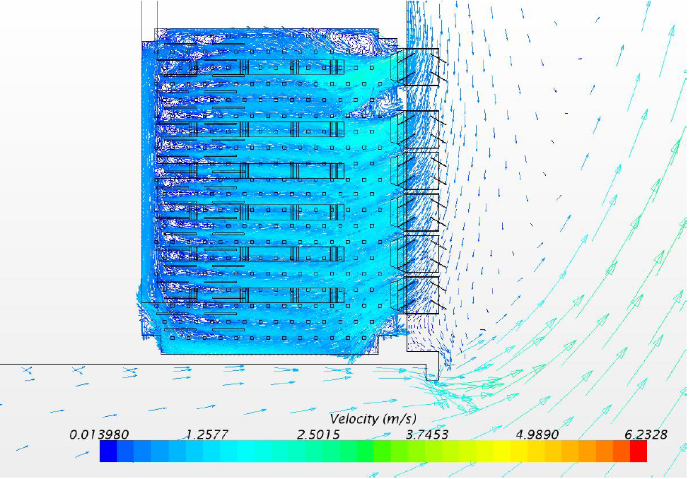 바닥냉방시스템 적용 결과: 개선3안_하부 냉방공간의 풍속 및 풍향
