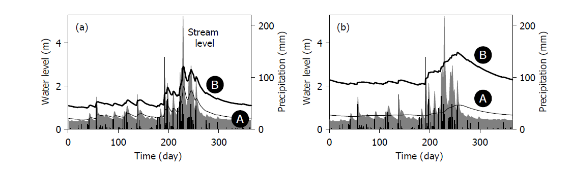 Simulated groundwater level fluctuations for the observation wells at (a) 100 m and (b) 300 m away from the stream