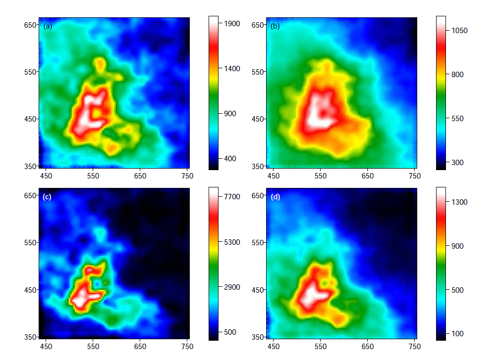 Contour maps of the injection rate in heterogeneous aquifers: (a) K1, (b) K2, (c) K3, and (d) K4