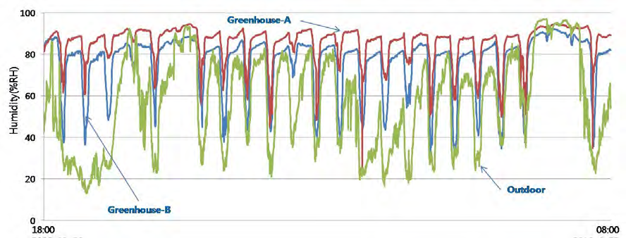 Relative humidity changes in the experimental greenhouses