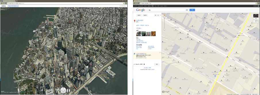 Nokia Maps 3D WebGL (좌), Google MapsGL (우)