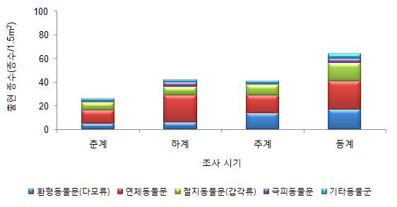 경성기질에서 출현한 대형저서동물의 조사 시기에 따른 출현 종수.