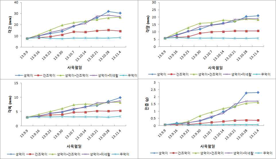 먹이종류별 참굴 치패의 성장 및 전중변화.