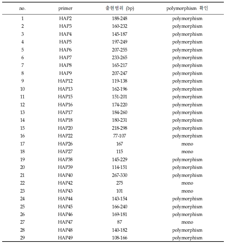 29개의 primer set의 대립유전자 출현범위 및 polymorphism 확인