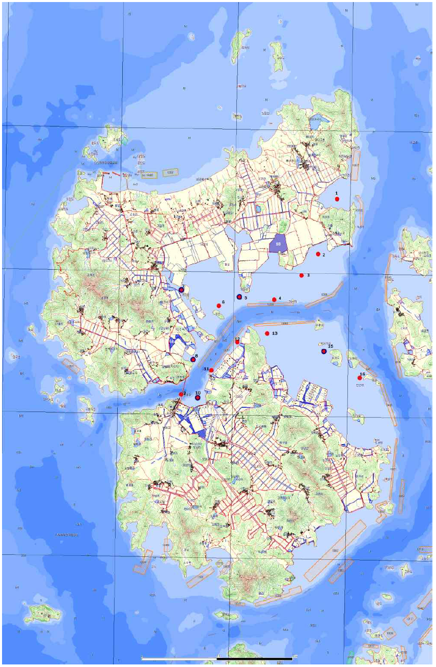 전남 신안군 비금 및 도초면 인근해역의 천일염 생산해역 안전관리 기반구축을 위한 해역의 조사지점도.