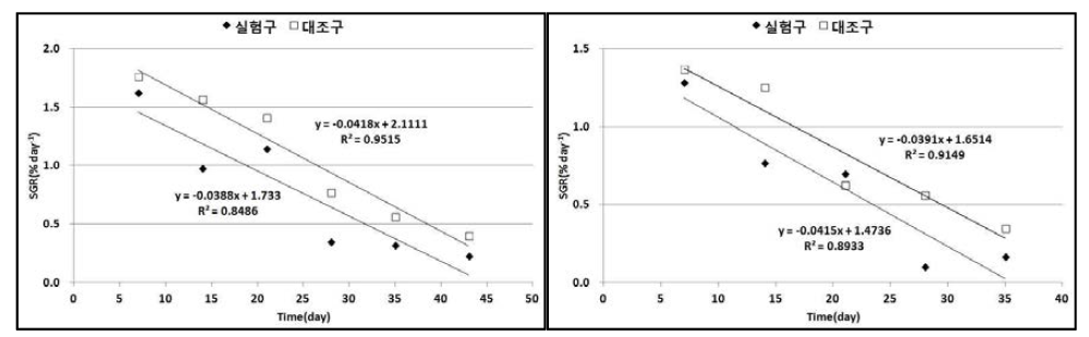 실험구 및 대조구의 넙치 치어의 성장률 변화(좌:2012년, 우:2013년).