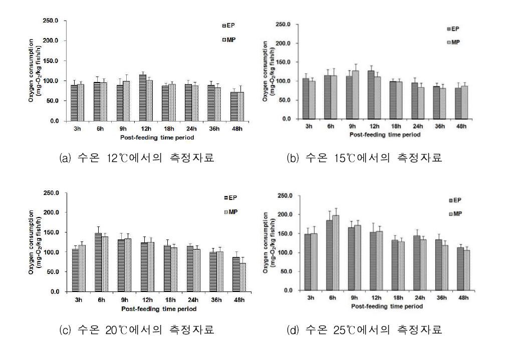 수온 및 공급사료(MP, EP)별 넙치 산소소비량