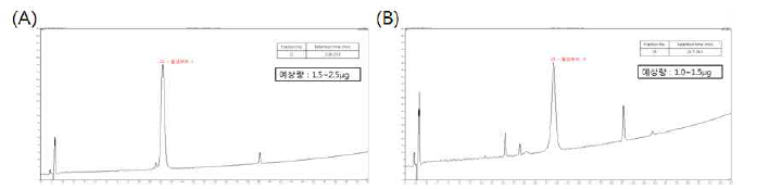 전복 아가미 추출물의 순수 분리 정제(A) 20-21분대 항균활성물질, (B) 25-26분대 항균활성물질.