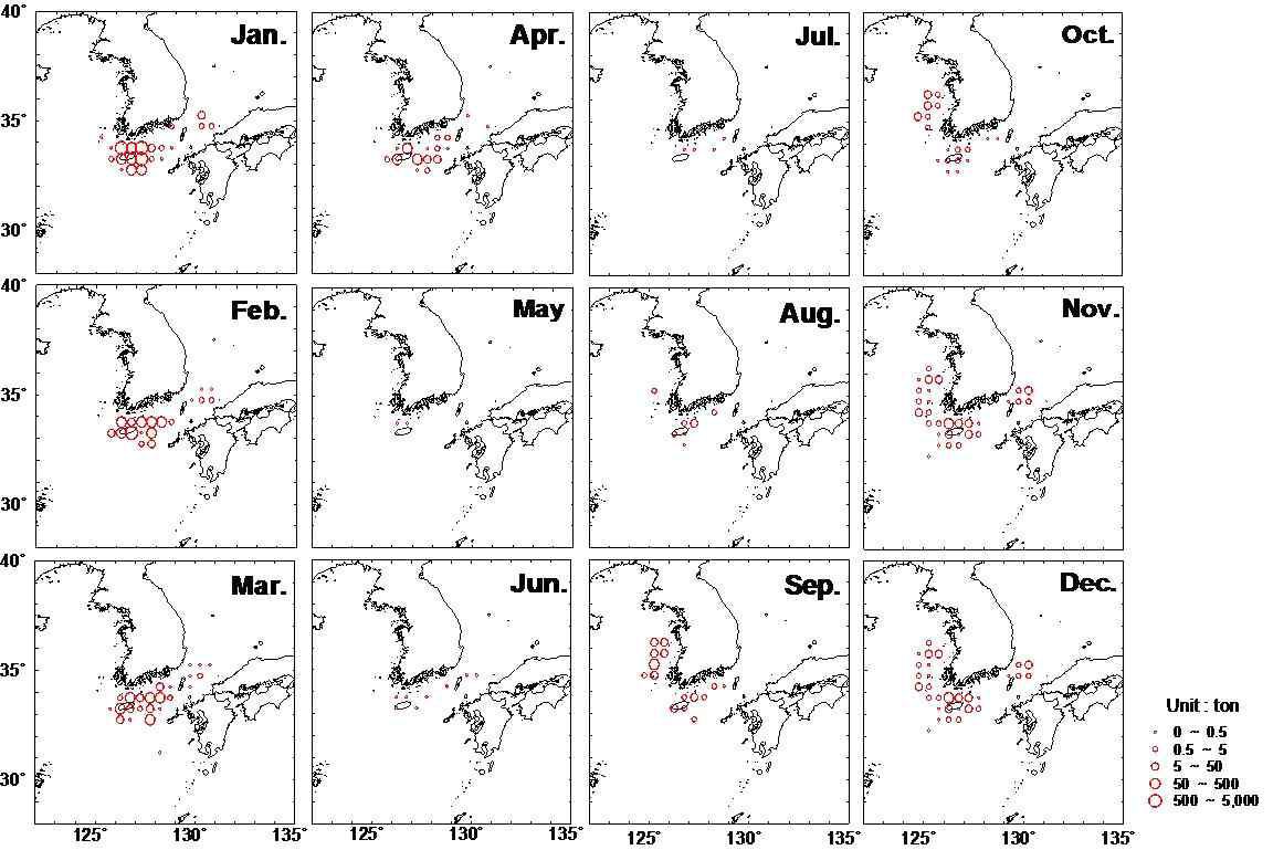삼치의 어장분포도(대형선망).