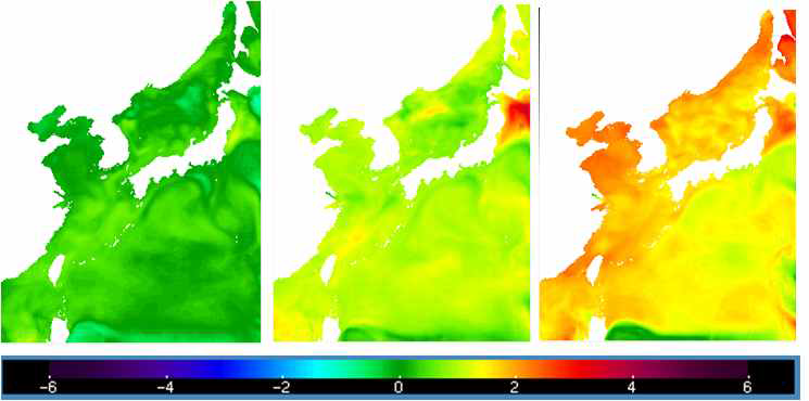 RCP4.5 시나리오로 예측한 표층 수온 변동. 2030년(좌), 2050년(중), 2100년(우)