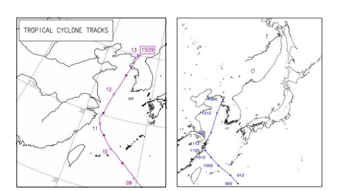 WRF모델 수치모의 태풍 찬홈 이동경로(좌), 관측된 태풍 찬홈 이동경로(우) 비교