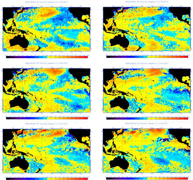 NOAA/NESDIS에서 제공된 각 월별 태평양 표면수온의 평년편차 분포