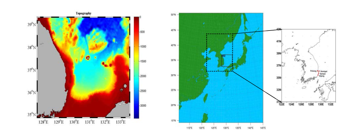 해양모델 영역 및 수심(좌), 대기모델 영역(우)