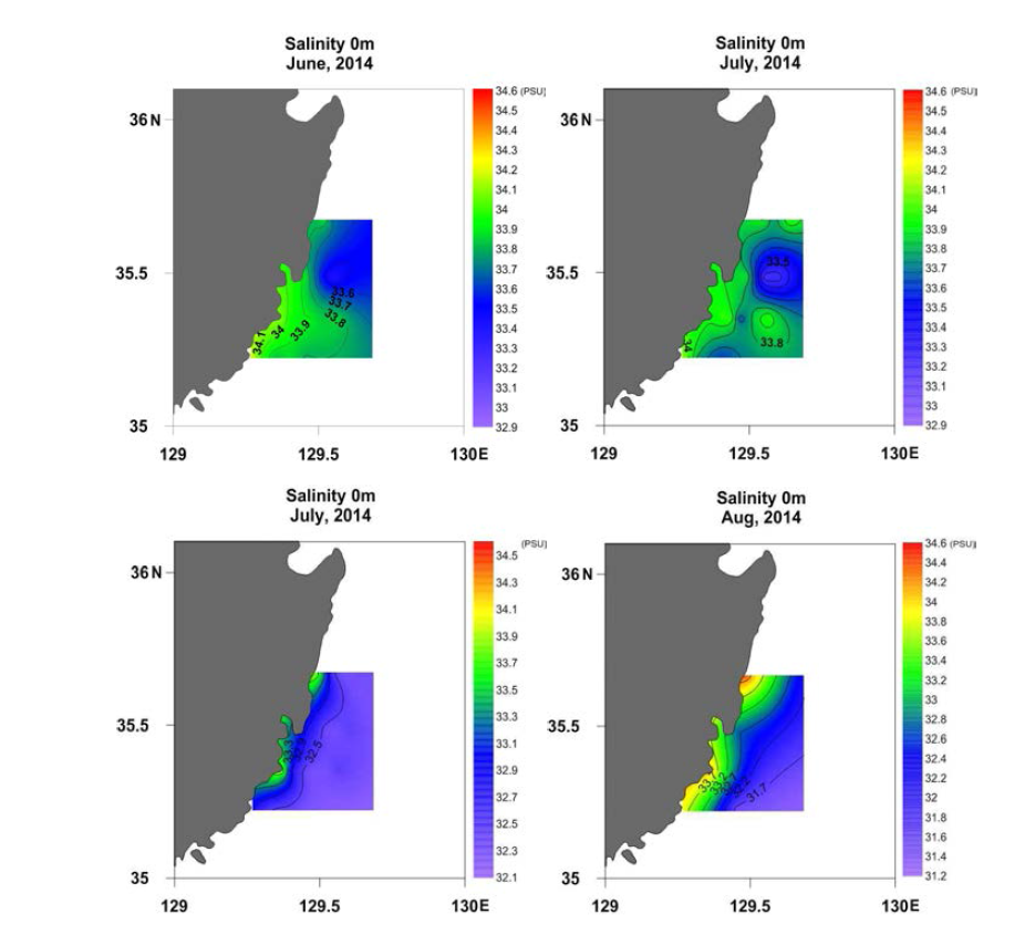 2014년 2∼5차 냉수대 특별모니터링시의 동해남부 표층염분 분포