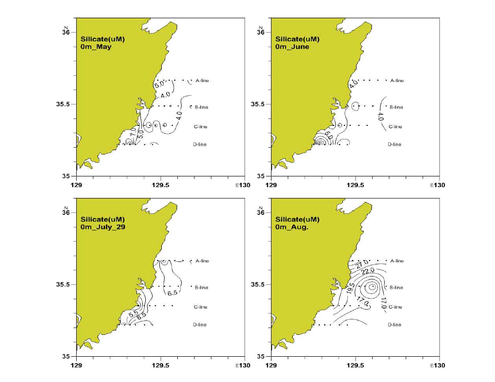 2014년 1, 2, 4, 5차 냉수대 특별모니터링시의 규산염 농도 분포