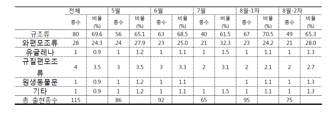 2015년 월별 동해 남부 해역 식물플랑크톤 출현 종수 변동 양상