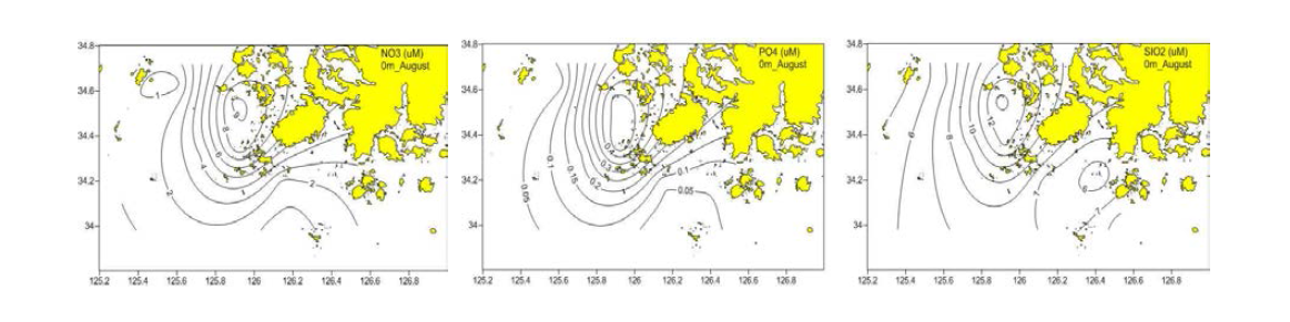 진도냉수대 영양염 표층 농도 분포