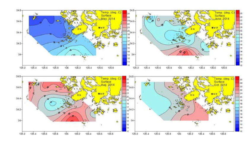 남해서부해역의 표면수온 분포도