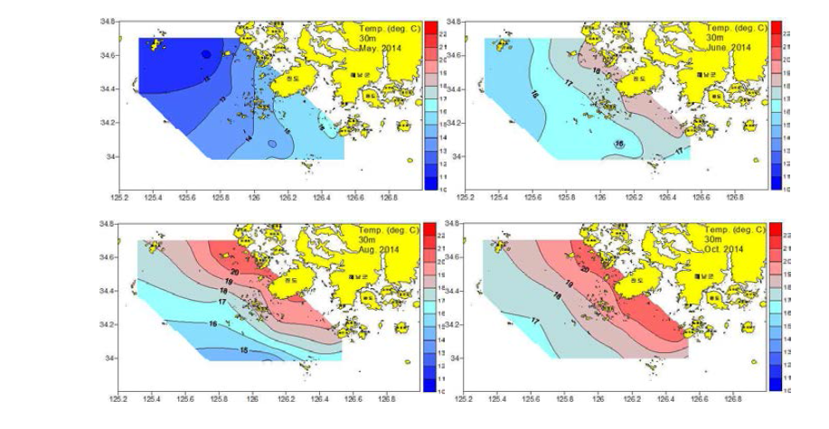 남해서부해역의 30m 수온의 공간분포도