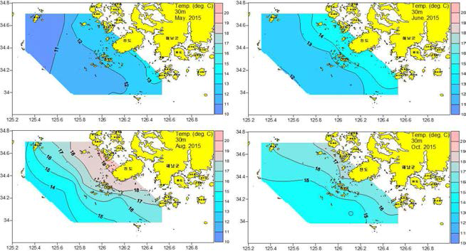 남해서부해역의 30m 수온 분포도