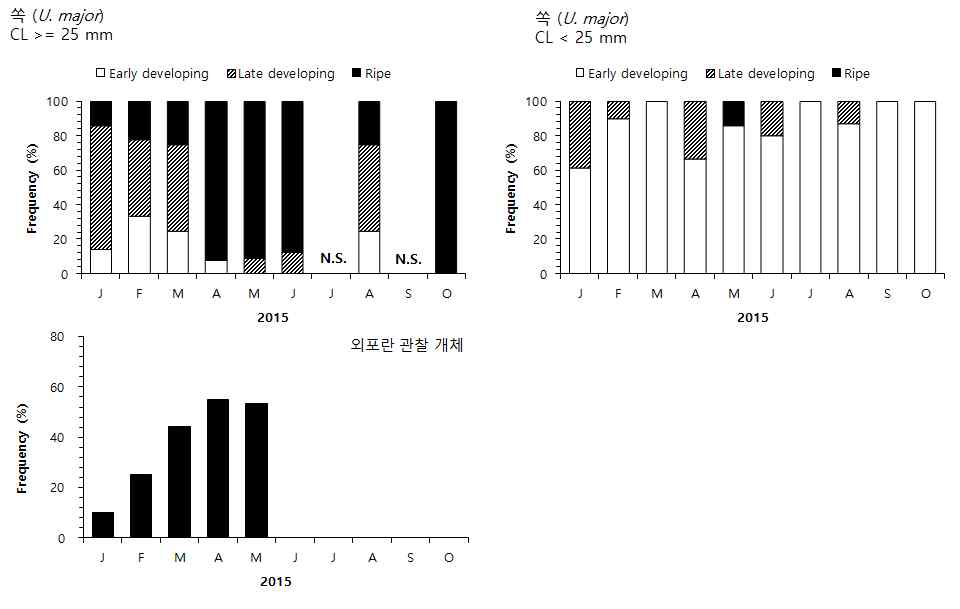 Monthly changes of frequency of each stage of gonadal development and brooding eggs of U.major collected from Boryeong, respectively