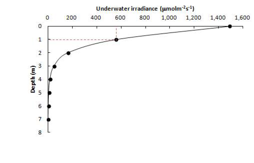 Relationship between water depth and underwater irradiance during Saccharina japonica cultivation at Haenam, Korea