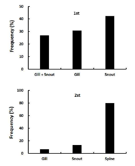 Frequency of occurrence according to abnormal fish (gill + snout, gii, snout, spine) of yellowtail kingfish (S. lalandi) seed.