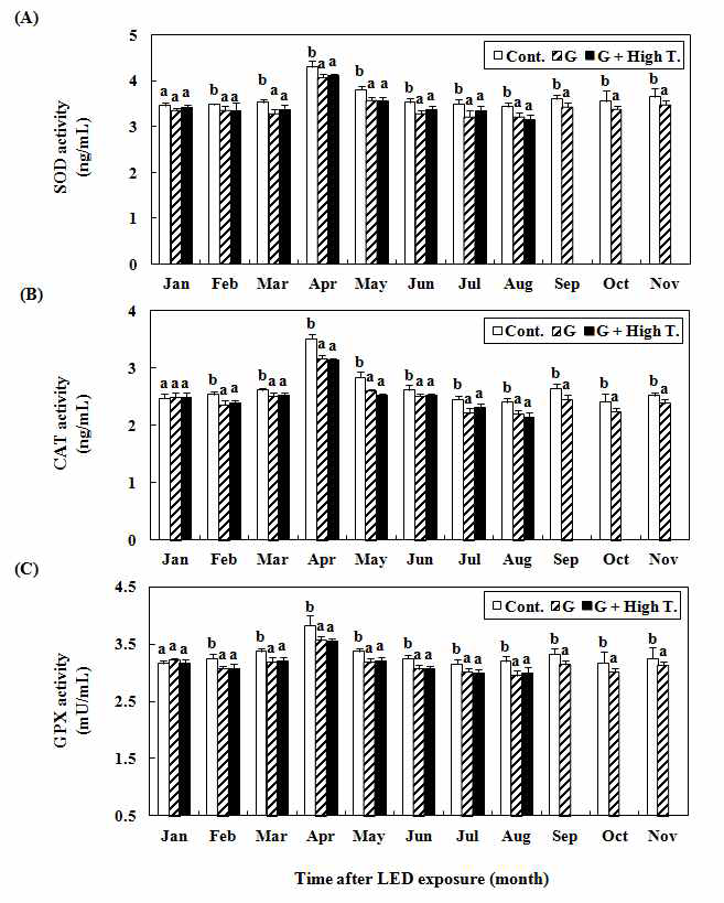 Levels of plasma SOD (A), CAT (B), and GPX (C) of yellowtail exposed to green (G) light-emitting diodes (LEDs), green LED + high-water temperature (G + High T.), and white fluorescent bulb (Cont.).