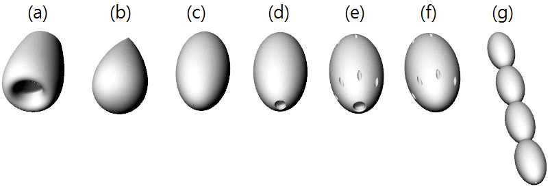 buoys used in drag measure test (a) airfoil type (b) stream lined (c) ellipsoid (d) ellipsoid-center hole (e) ellipsoid-center and side hole(f) ellipsoid-side hole (g) ellipsoid-chain.