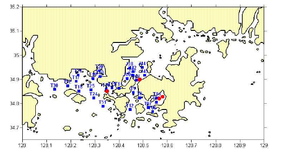 Site map of oyster culturing ground (red circle) and wide area cruise (blue rectangle).