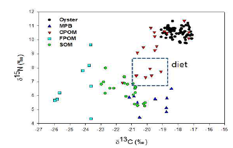 Comparison on carbon/nitrogen stable isotope ration in phytoplankton.