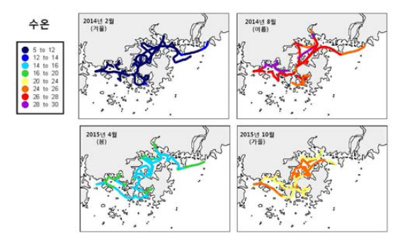 Spatial variation of surface water temperature measured by wide area cruise.